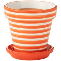 J-Line Flowerpot+plate granada stripes handmade+painted ceramic naranja small