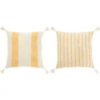 J-Line Coussin carré lignes+floches coton blanc/orange assortiment de 2