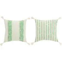 J-Line Coussin carré lignes+floches coton blanc/vert assortiment de 2