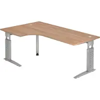 Hjh OFFICE PRO Table d'angle série U | bac à câbles inclus | pied en C | réglable en hauteur, couleur plateau:noyer, couleur piètement:argent