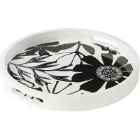 J-Line Plateau rond avec des poignées motif floral bois de manguier noir/blanc