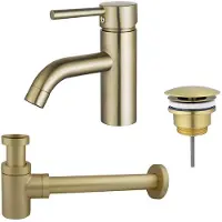 FortiFura Calvi Kit mitigeur lavabo - robinet bas - bonde non-obturable - siphon design bas - PVD Laiton brossé SW720547/SW696208/SW696218