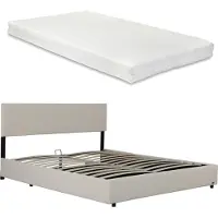 Corium Lit rembourré « Juva » Lit double avec matelas, coffre de rangement et sommier à lattes rabattable 160 x 200 cm Velours côtelé beige