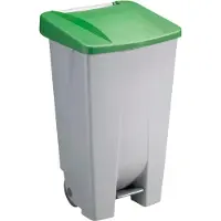 Sunware Poubelle Basic - 120 L - avec pédale - roulettes - gris et couvercle rabattable vert