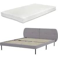 En.casa Lit rembourré 'Porvoo' avec matelas pin textile 160 x 200 cm gris
