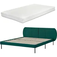 En.casa Lit rembourré 'Porvoo' avec matelas pin velours 160 x 200 cm vert foncé