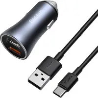 Baseus Chargeur voiture Golden Contactor Pro, 2X Usb, 40W (Gris) + câble Usb vers Usb-C 1M (Noir)