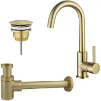 FortiFura Calvi Kit robinet lavabo - robinet haut - bec rotatif - bonde non-obturable - siphon design bas - Laiton brossé PVD SW809349/SW696208/SW696218
