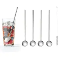 Metaltex Pailles et cuillères à cocktail Metaltex 2 en 1 Inox, courbées, en acier inoxydable, avec brosse de nettoyage, 5 pièces