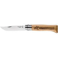 Opinel - Couteau pliable gravé - Couteau Tradition Gravé T8 Chêne Cerf en Cuir - Beige