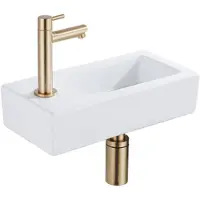 Qeramiq Fuente pack lave-mains – 37,5 x 18,5 x 9 cm – céramique blanc brillant – perçage à gauche – robinet doré brossé SW1122449/SW696208/SW696218/SW696238