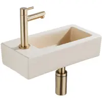 Qeramiq Fuente pack lave-mains – 37,5 x 18,5 x 9 cm – céramique beige – perçage à gauche – robinet doré brossé SW1122452/SW696208/SW696218/SW696238