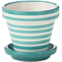 J-Line Flowerpot+plate granada stripes handmade+painted ceramic aqua extra small