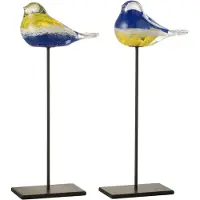 J-Line Oiseau Sur Pied Verre/Métal Bleu/Jaune Large 2 Assorti