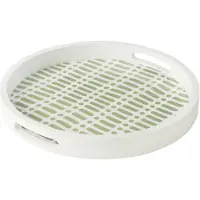 J-Line Plateau rond avec des poignées motif floral bois de manguier vert/blanc
