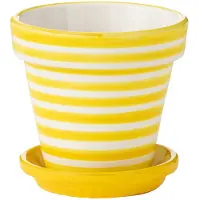 J-Line Flowerpot+plate granada stripes handmade+painted ceramic yellow small