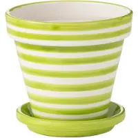 J-Line Flowerpot+plate granada stripes handmade+painted ceramic green medium