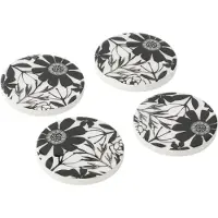 J-Line Set 4 sous-verre motif floral bois de manguier noir/blanc