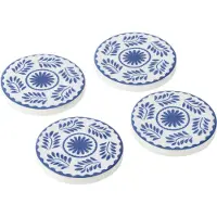 J-Line Set 4 sous-verre motif floral bois de manguier bleu/blanc