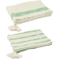 J-Line Plaid lignes+floches coton blanc/vert assortiment de 2