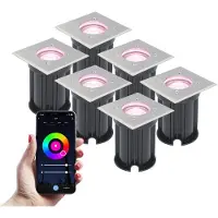 V-TAC - Spot LED encastrable sol extérieur 5,5W 345lm RGBWW IP65 Wifi Bluetooth inox carré x6