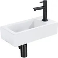 Qeramiq Fuente Kit lave-mains - 37.5x18.5x9cm - céramique - trou de robinet à droite - robinet lave-mains noir mat - bonde de vidage - siphon abaissé - Blanc mat SW1122446/SW696205/SW696215/SW696235