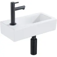 Qeramiq Fuente pack lave-mains – 37,5 x 18,5 x 9 cm – céramique blanc mat – perçage à gauche – robinet noir mat SW1122450/SW696205/SW696215/SW696235