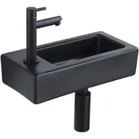 Qeramiq Fuente Ensemble lave-mains - 37.5x18.5x9cm - céramique - trou de robinet à gauche - robinet de lave-mains noir mat - bonde - siphon abaissé - Noir mat SW1122451/SW696205/SW696215/SW696235