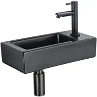 Qeramiq Fuente pack lave-mains – 37,5 x 18,5 x 9 cm – céramique noir mat – perçage à droite – robinet noir mat SW1122447/SW696205/SW696215/SW696235