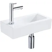 Qeramiq Lave-mains Kit lave-mains - 37.5x18.5x9cm - céramique - trou de robinet gauche - robinet lave-mains chrome - bonde de vidage - siphon abaissé - Mat blanc SW1122450/SW696209/SW696219/SW696234