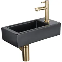 Qeramiq Fuente pack lave-mains – 37,5 x 18,5 x 9 cm – céramique noir mat – perçage à droite – robinet doré brossé SW1122447/SW696208/SW696218/SW696238
