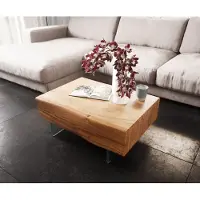 DELIFE Table basse New Live-Edge 80x60 cm acacia naturel 2 tiroirs pieds en verre