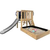 Axi Leah Aire De Jeux Mini En Bois Avec Toboggan Gris / Extérieur, Bac À Sable, Cuisine De Jeu Et Tableau Noir