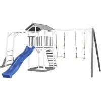 Axi Beach Tower Tour de jeux en bois en blanc & gris | Maison de jeux pour enfants avec toboggan bleu, portique d'escalade, double balançoire et bac à sable |