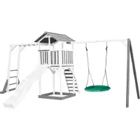 Axi Beach Tower Aire De Jeux Avec Toboggan En Blanc, Cadre D'Escalade, Balançoire Nid D'Oiseau Vert & Bac À Sable | Grande Maison Enfant Extérieur En