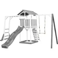 Axi Beach Tower Aire De Jeux Avec Toboggan En Gris, Cadre D'Escalade, Balançoire & Bac À Sable | Grande Maison Enfant Extérieur En Gris & Blanc |
