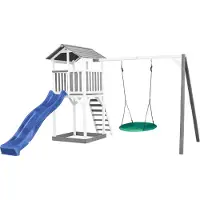 Axi Beach Tower Aire De Jeux Blanc Avec Toboggan En Bleu, Balançoire Nid D'Oiseau Vert & Bac À Sable | Grande Maison Enfant Extérieur En Gris & Blanc