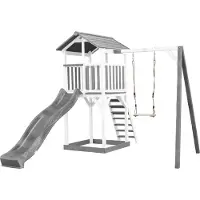 Axi Beach Tower Aire De Jeux Avec Toboggan En Gris, Balançoire & Bac À Sable | Grande Maison Enfant Extérieur En Gris & Blanc | Cabane De Jeu En Bois