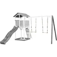Axi Beach Tower Aire De Jeux Avec Toboggan En Gris, 2 Balançoires & Bac À Sable | Grande Maison Enfant Extérieur En Gris & Blanc | Cabane De Jeu En