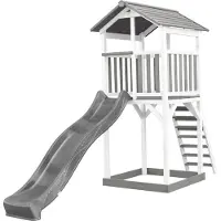 Axi Beach Tower Tour de jeux en bois en blanc & gris | Maison de jeux pour enfants avec toboggan gris et bac à sable | Maison sur pilotis pour le jardin