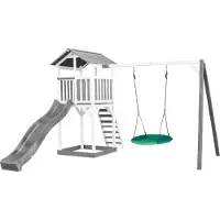 Axi Beach Tower Aire De Jeux Avec Toboggan En Gris, Balançoire Nid D'Oiseau Vert & Bac À Sable | Grande Maison Enfant Extérieur En Gris & Blanc |