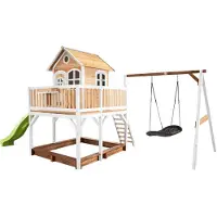 Axi Liam Maison Enfant Avec Bac À Sable, Balançoire Nid D’Oiseau Noir & Toboggan Vert Clair | Aire De Jeux Pour L'Extérieur En Marron & Blanc |