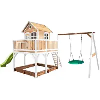 Axi Liam Maison Enfant Avec Bac À Sable, Balançoire Nid D’Oiseau Vert & Toboggan Vert Clair | Aire De Jeux Pour L'Extérieur En Marron & Blanc |