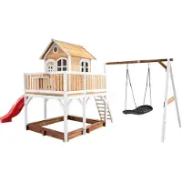 Axi Liam Maison Enfant Avec Bac À Sable, Balançoire Nid D’Oiseau Noir & Toboggan Rouge | Aire De Jeux Pour L'Extérieur En Marron & Blanc |