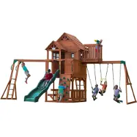 Backyard Discovery Skyfort Ii Aire De Jeux En Bois | Portique Balançoire Avec Mur D'Escalade, Toboggan Et Balançoire, Trapèze | Barre De Singe, Jeux