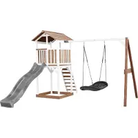 Axi Beach Tower Aire De Jeux Avec Toboggan En Gris, Balançoire Nid D'Oiseau Noir & Bac À Sable | Grande Maison Enfant Extérieur En Marron & Blanc |
