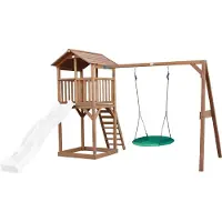 Axi Beach Tower Aire De Jeux Avec Toboggan En Blanc, Balançoire Nid D'Oiseau Vert & Bac À Sable | Grande Maison Enfant Extérieur En Marron | Cabane