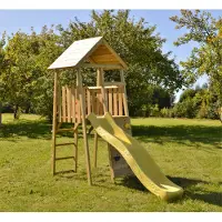 Wendi Toys Maison de jeux pour enfants, tour à grimper "Falke" avec toboggan et mur d'escalade bois / jaune