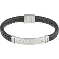 BOSS Bracelet tressé en cuir noir avec pièces métalliques motif chevrons
