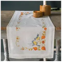 Vervaco Kit de point de croix nappe imprimée 'Parus avec fleur de lanterne', 40x100cm, à faire soi-même